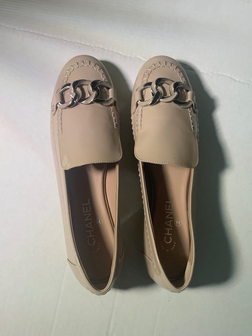 CHANEL LOGO BEIGE PATENT LEATHER LOAFERS